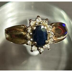 14k solid yellow gold genuine blue sapphire and diamonds cluster ring size 5.5